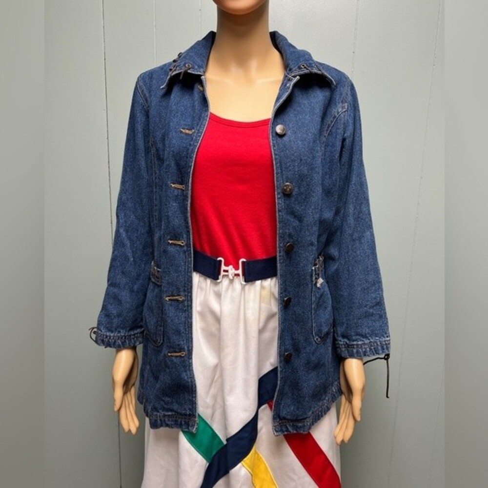 Vintage Lighthouse Jean Jacket Leather Lace up on arms sides pockets and neck.
